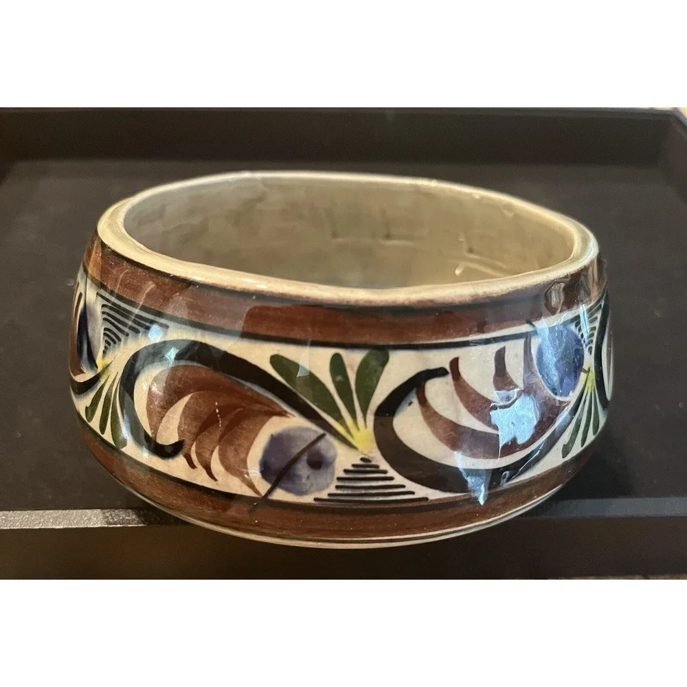 Cat/Small Dog Bowl Tonala Jalisco Mexico Floral Design Signed Handmade Pottery